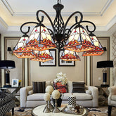 Traditional Stained Glass Pyramid Chandelier - 6-Light Ceiling Pendant for Foyers - This is a stained glass pyramid chandelier that is 6 lights. It is traditional and hangs from the ceiling. It is great for a foyer. It is black in col